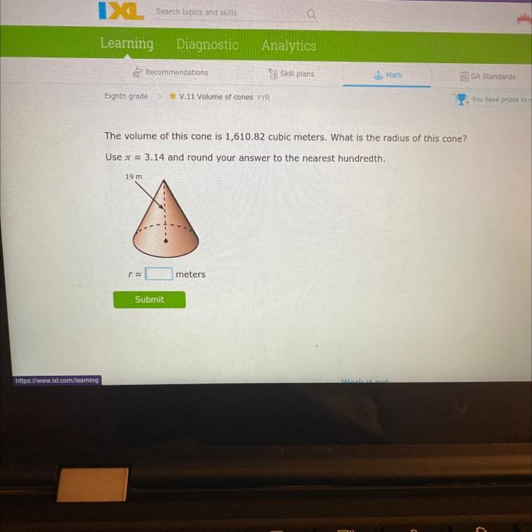 The volume of this cone is 1,610.82 cubic meters. What is the radius of the cone?-example-1