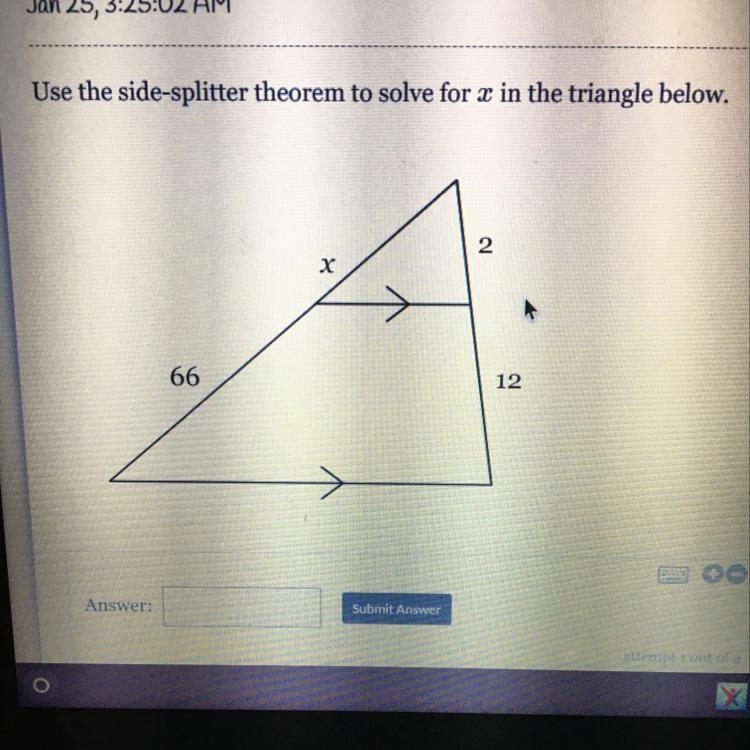 Use the slide splitter theorem to solve for x in the triangle below.-example-1