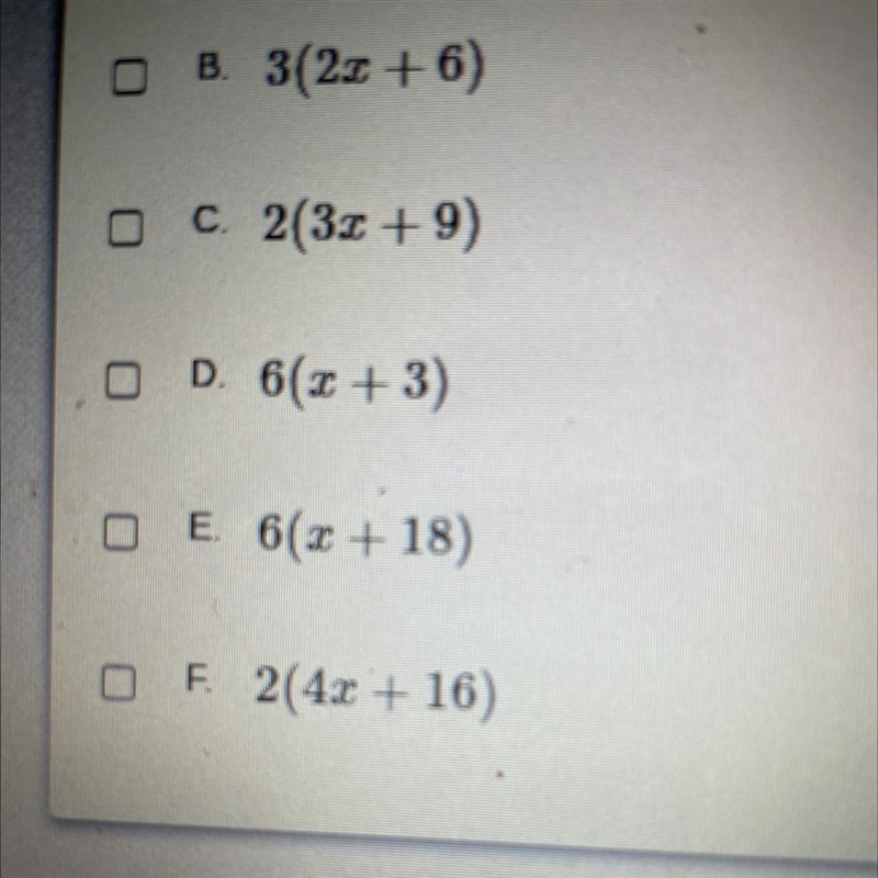 Select all the expressions that are equivalent to 3x + 9 + 3.0 + 9., Please help-example-1