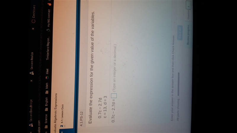 Evaluate the expression for the given value of the variables. 0.7c-2.7d c=13,d=3-example-1