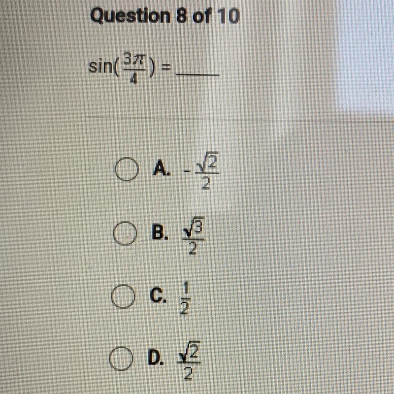 Question 8 of 10 sin(**) = O A E O B. O c. O D. 2-example-1