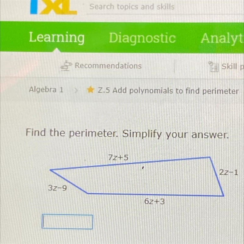 Find the perimeter. Simplify your answer. 7z+5 22-1 32-9 62+3-example-1