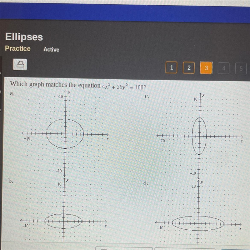 Which graph matches the equation 4x² + 25y^2 = 100?-example-1