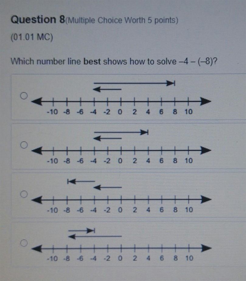 Question 8(Multiple Choice Worth 5 points) (01.01 MC) Which number line best show-example-1