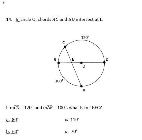 In circle O, chords AC and BD intersect at E. If MCD= 120 and MAB=100, what is BEC-example-1