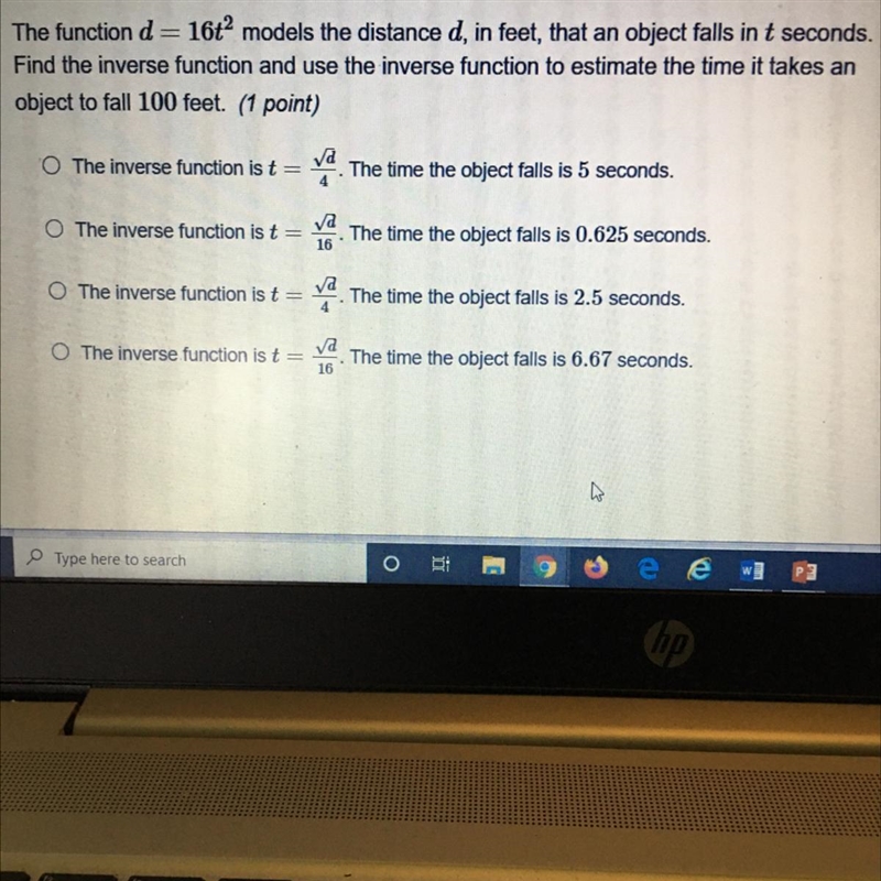 Please help!!! The function d= 16t2 models the distance d, in feet, that an object-example-1