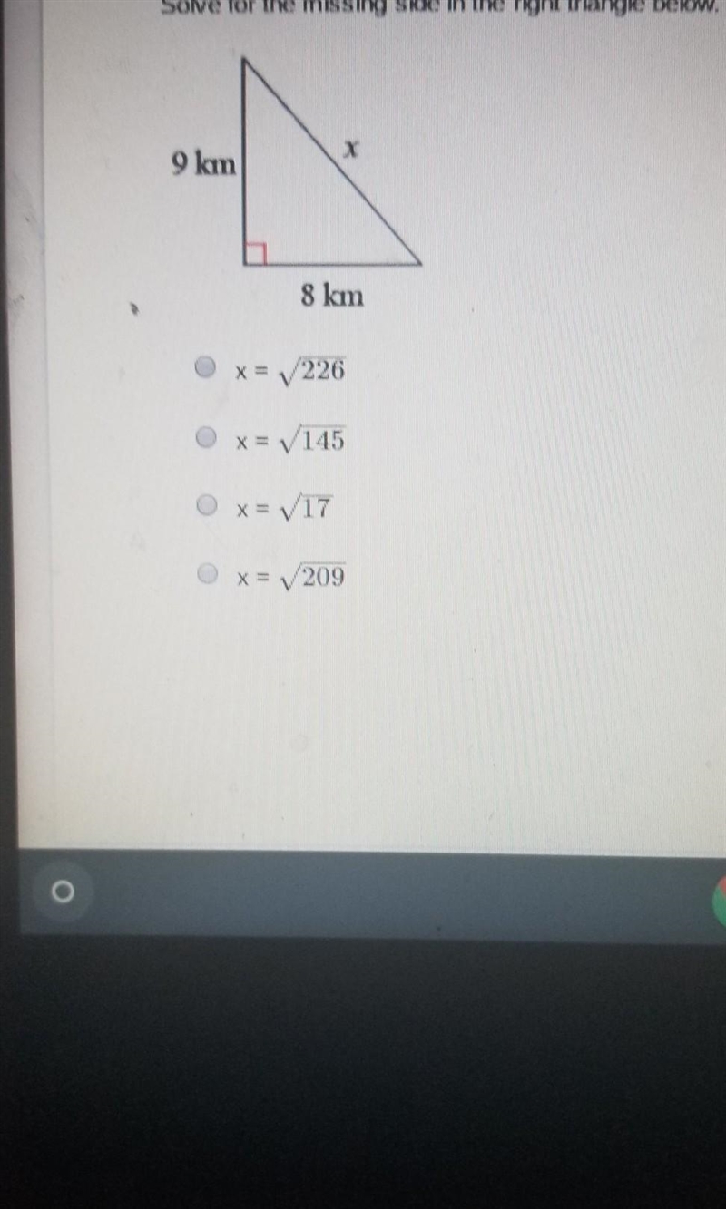 Solve the missing side in the right triangle below​-example-1