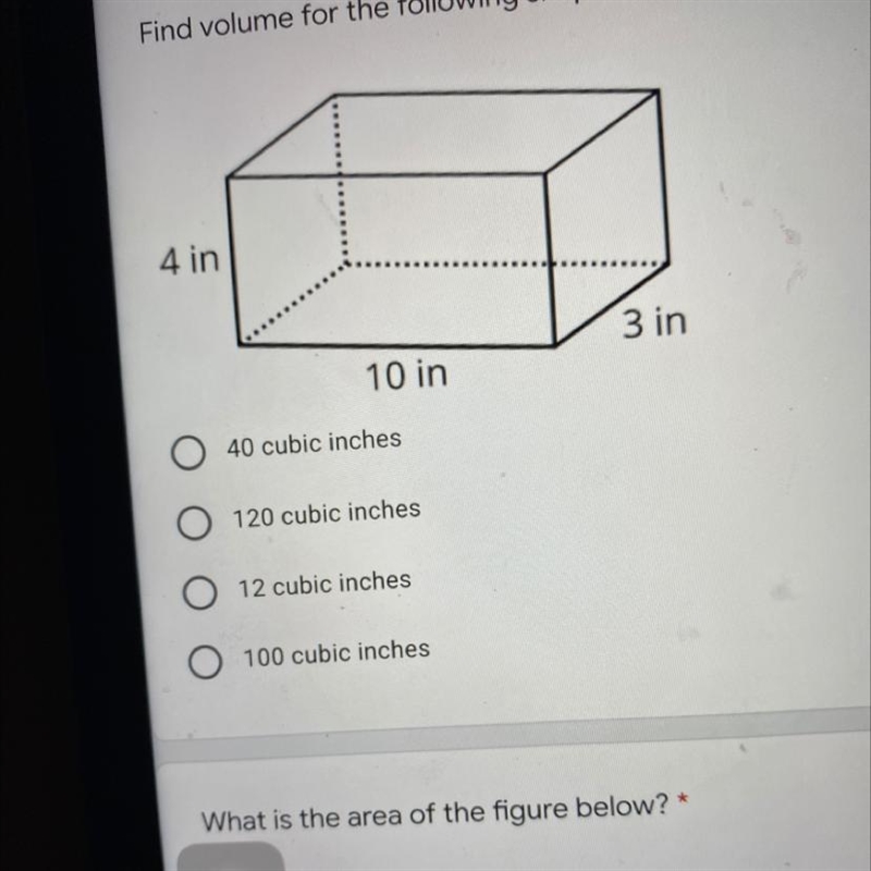 Need help 40 in.³ 120 in.³ 12 in.³ 100 in.³-example-1