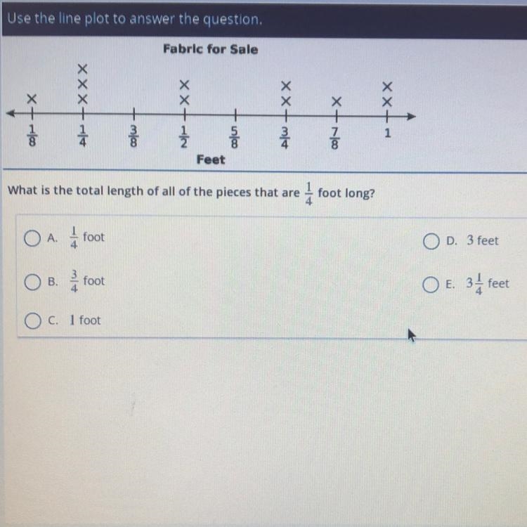 What is the ￼￼total length of 3 pieces that are 1/4 foot long?-example-1