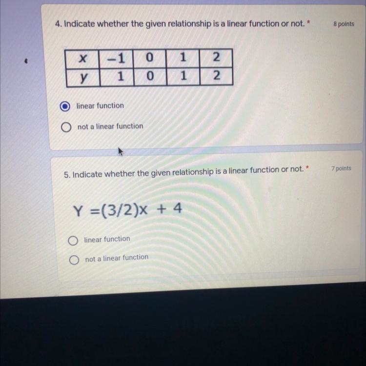4. Indicate whether the given relationship is a linear function or not. * 8 points-example-1