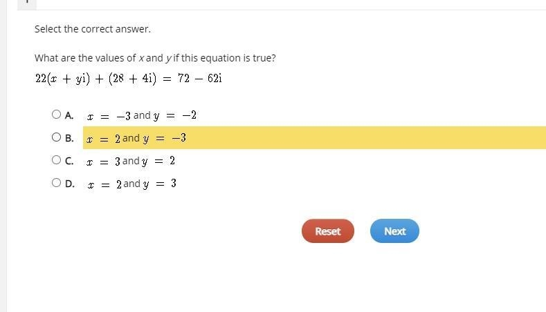 Select the correct answer. What are the values of x and y if this equation is true-example-1