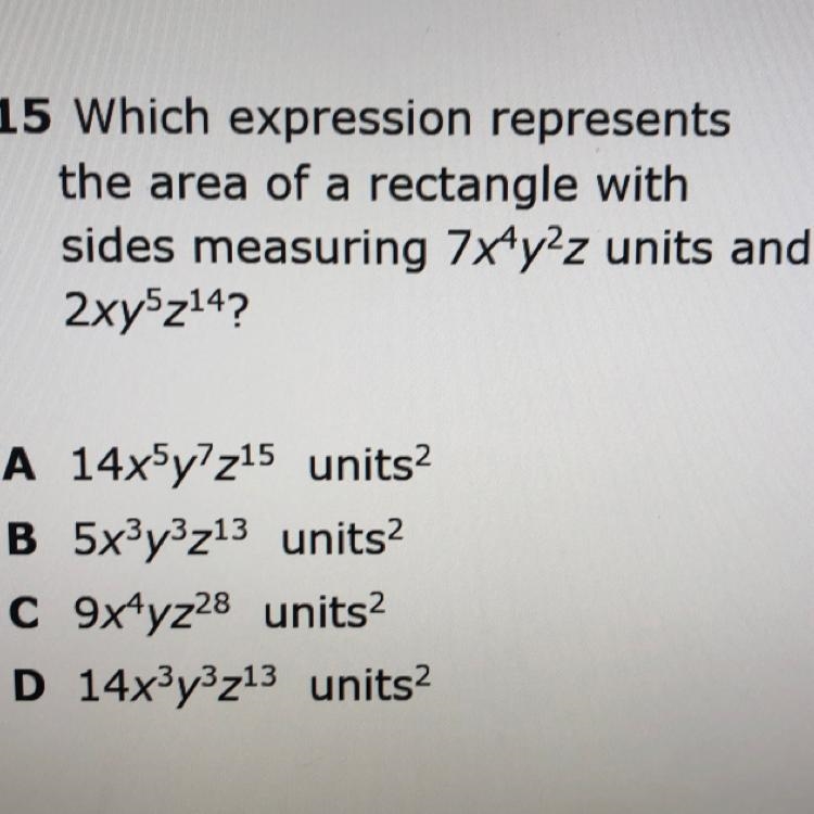 Which expression represents the area of a rectangle with sides measuring 7x4y2z units-example-1