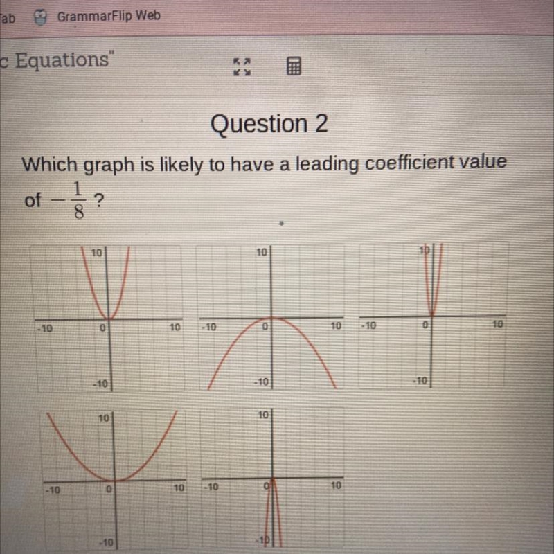 Which graph is likely to have a leading coefficient value of -1/8?-example-1