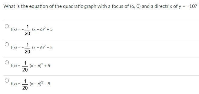 What is the equation of the quadratic graph with a focus of (6, 0) and a directrix-example-1