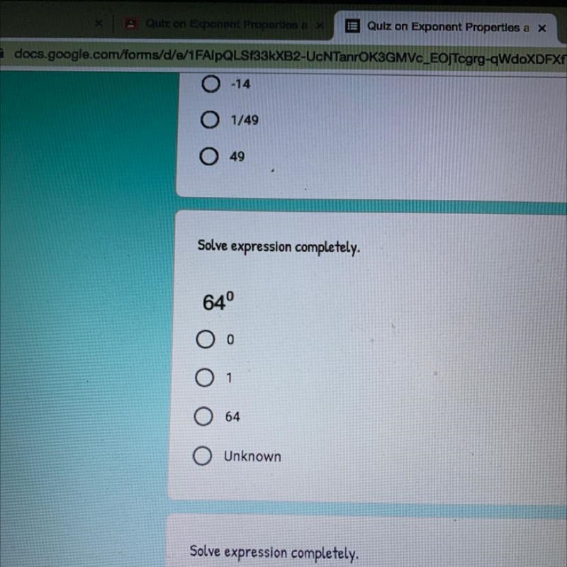 Solve expression completely. 64° O 1 O 64 O Unknown-example-1