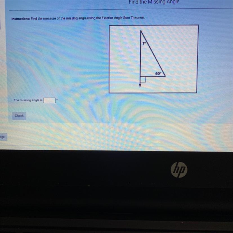 Find the measure of the missing angle using the exterior angle sum theorm-example-1