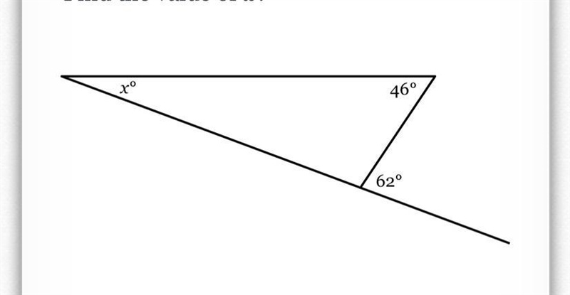 A side of the triangle below has been extended to form an exterior angle of 62°. Find-example-1