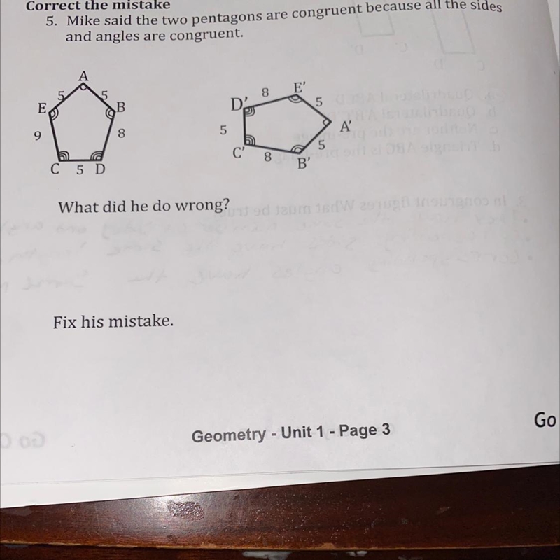 I don’t know how to tell if the two pentagons are both are congruent or tell if the-example-1