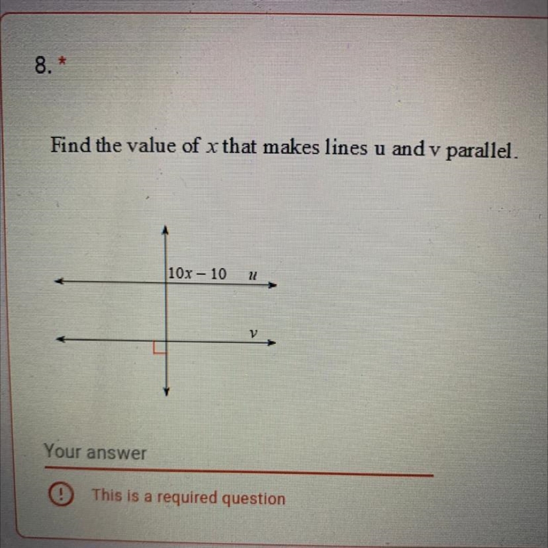 Find the value of x that makes lines u and v parallel.-example-1