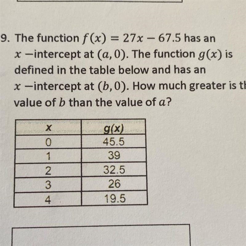 19. The function f(x) = 27x – 67.5 has an * -intercept at (a,0). The function g(x-example-1