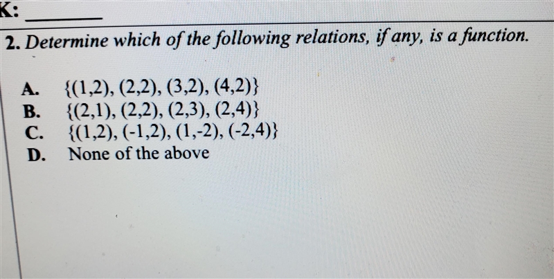 Which of the following relations , if any is a function. Please help with this one-example-1