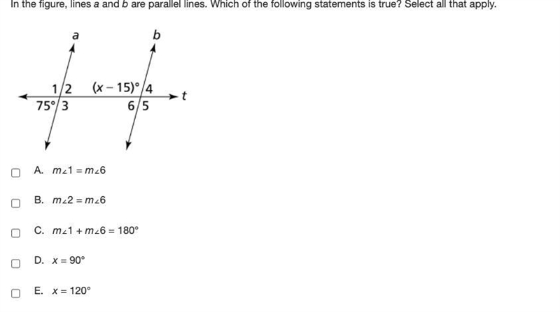 HELP TIMED! In the figure, lines a and b are parallel lines. Which of the following-example-1