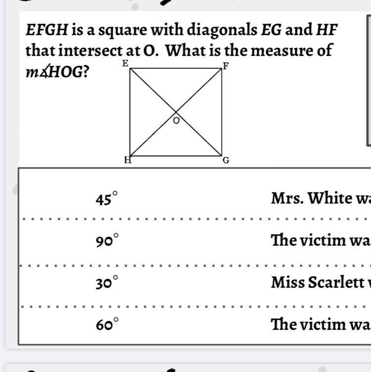 EFGH is a square with diagonals EG and HF that intersects at O. What is the measure-example-1