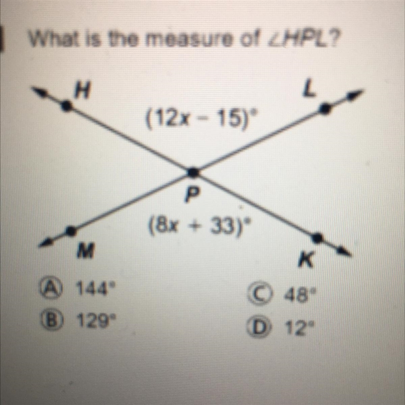 What is the measure of 2HPL? H (12x - 15)" (8x + 33)-example-1