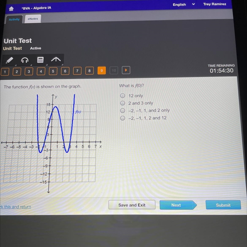 The function f(x) is shown on the graph. What is f(0)? • 12 only • -2 and 3 only • -2, -1, 1, and-example-1