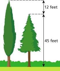 Mary compares the heights of two trees. Their heights are shown. Write and solve an-example-1