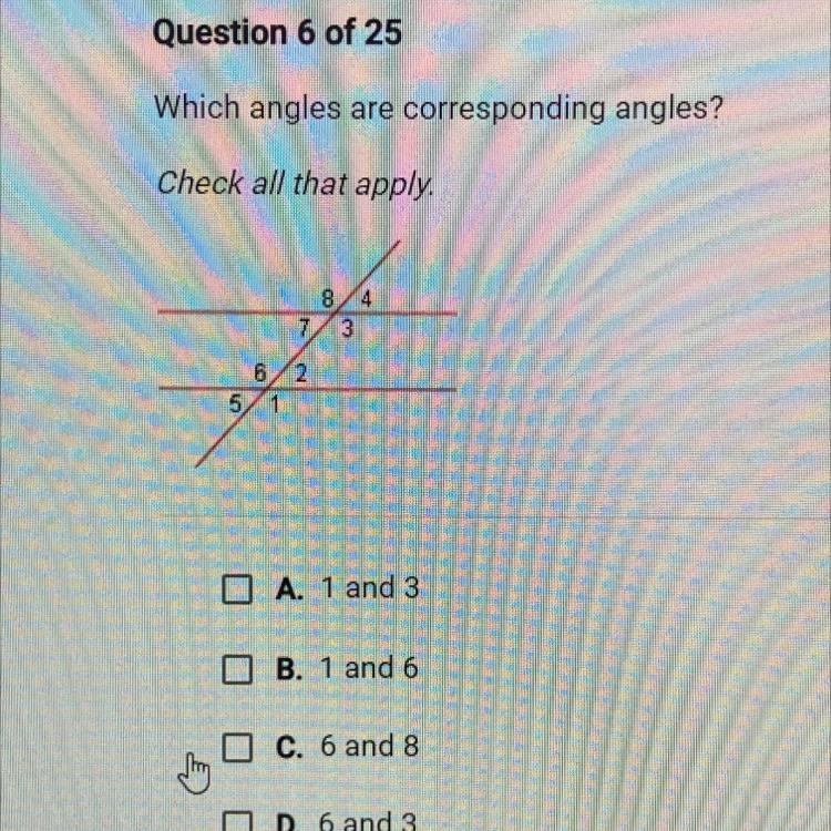 Which angles are corresponding angles? Check all that apply.-example-1