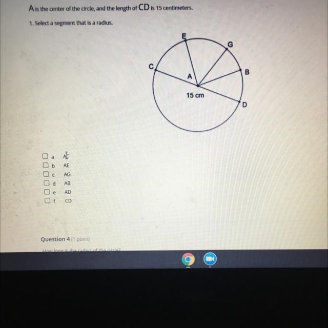 A is the center of the circle, and the length of CD is 15 centimeters. 1. Select a-example-1