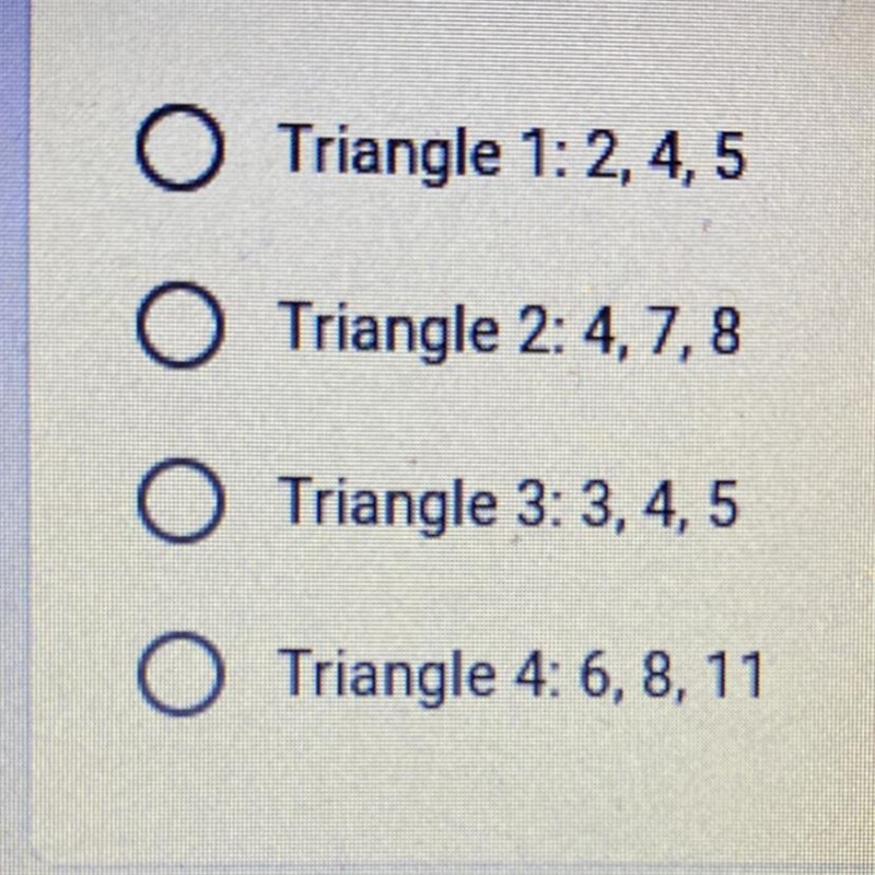 The three side lengths of four triangles are given which triangle is a right triangle-example-1