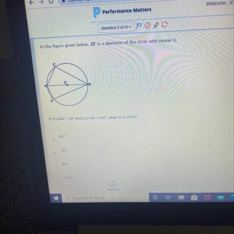 In the figure given below, AB is a diameter of the circle with center o 0 B D If m-example-1