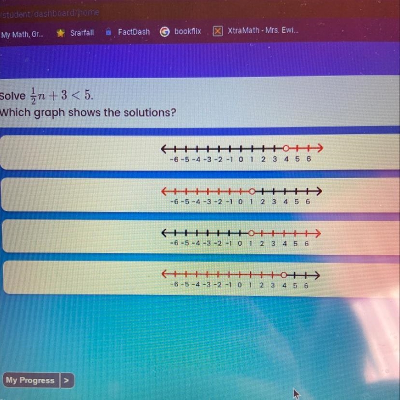 Solve 1/2+3 < 5. Which graph shows the solutions?-example-1