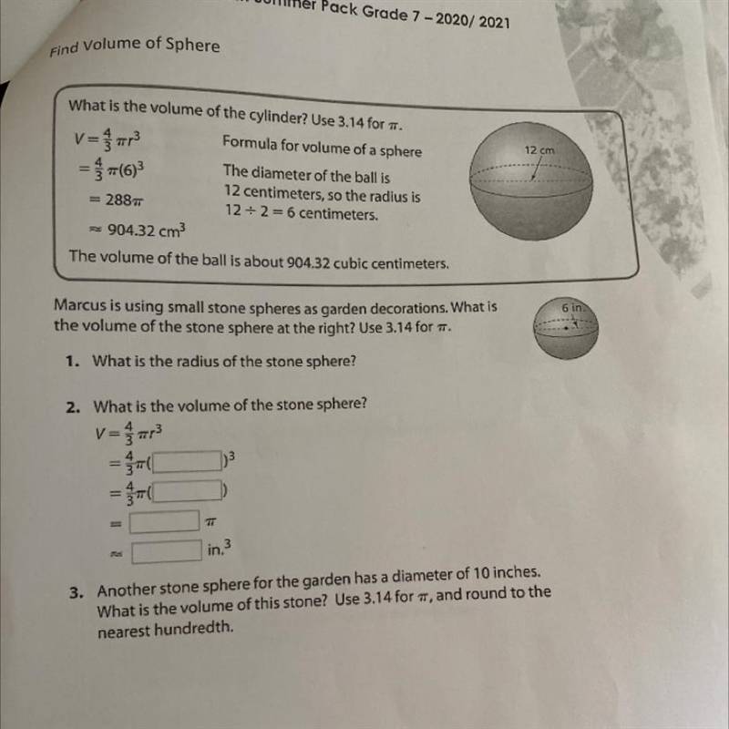 Volume of sphere Marcus is using small stone spheres-example-1