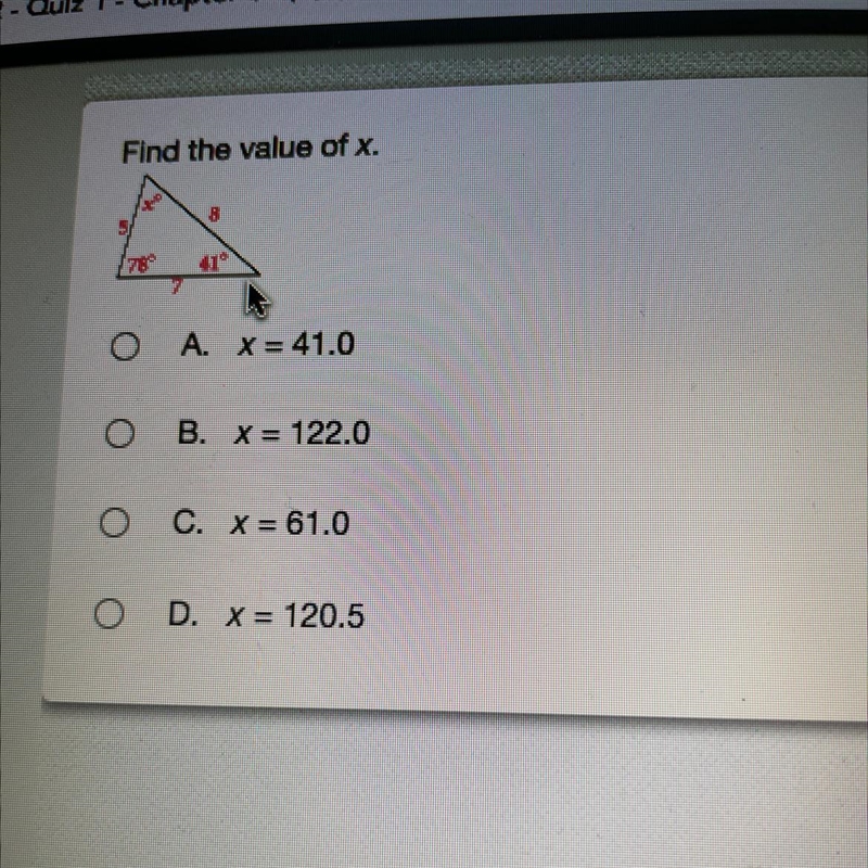 Find the value of x: A. X = 41.0 B. X = 122.0 C. X = 61.0 D. X = 120.5-example-1