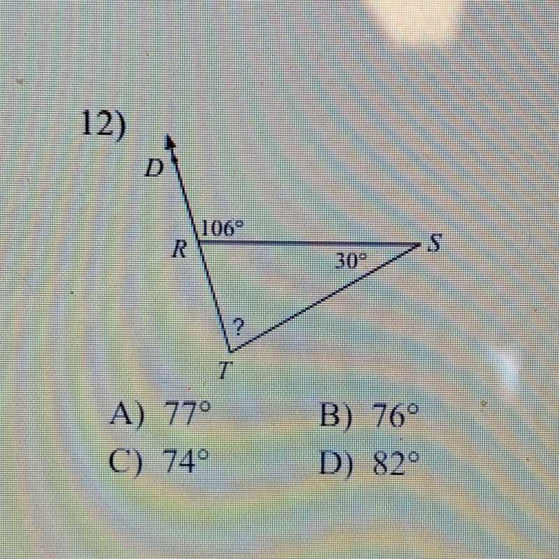 Find the measure of each angle indicated A) 77° C) 74° B) 76° D) 82°-example-1