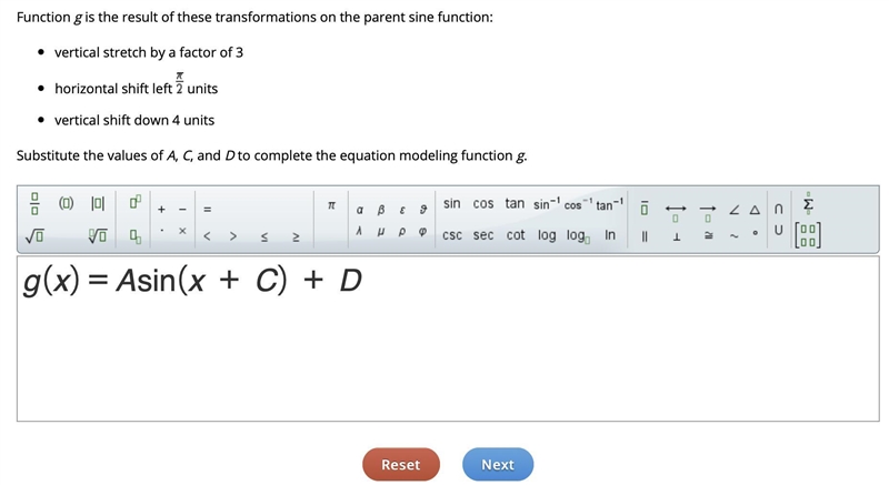 Function g is the result of these transformations on the parent sine function: -vertical-example-1