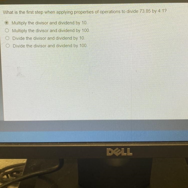 What is the first step when applying properties of operations to divide 73.85 by 4.1? Multiply-example-1