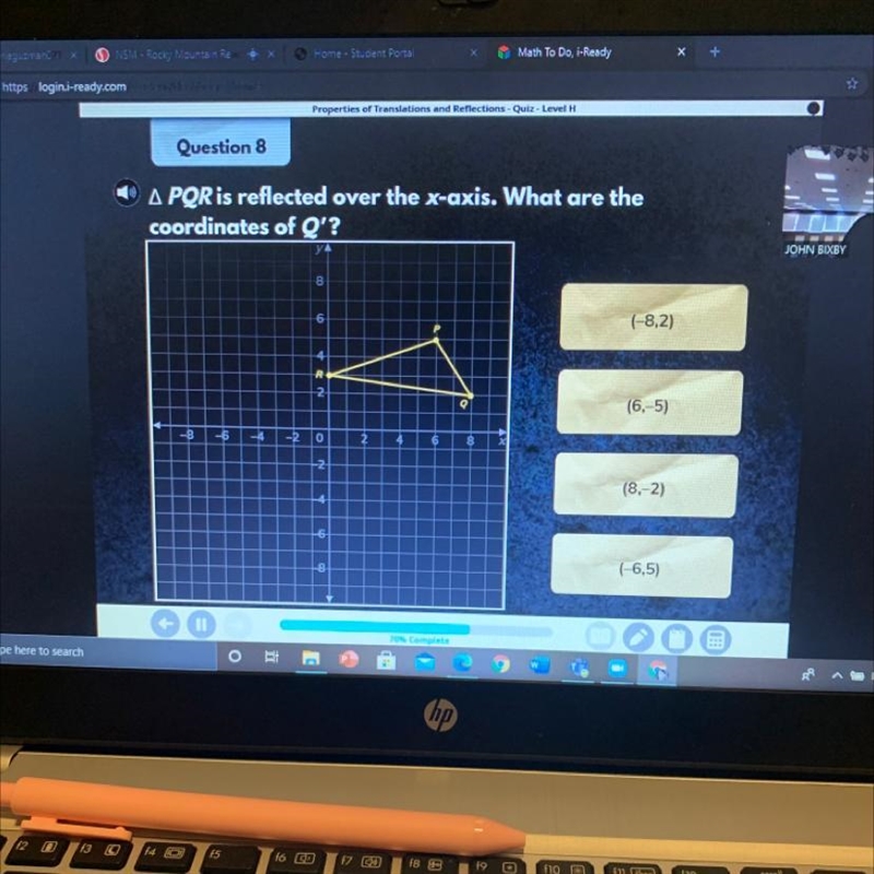 Triangle PQR is reflected over the x-axis. What are the coordinates of Q’ ?-example-1