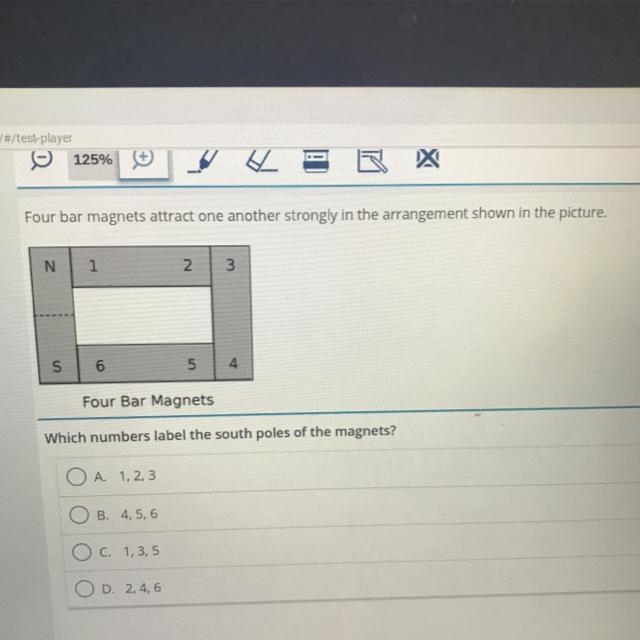Which numbers label the south poles of the magnets? O A. 1, 2, 3 B. 4,5,6 O c. 1,3,5 O-example-1