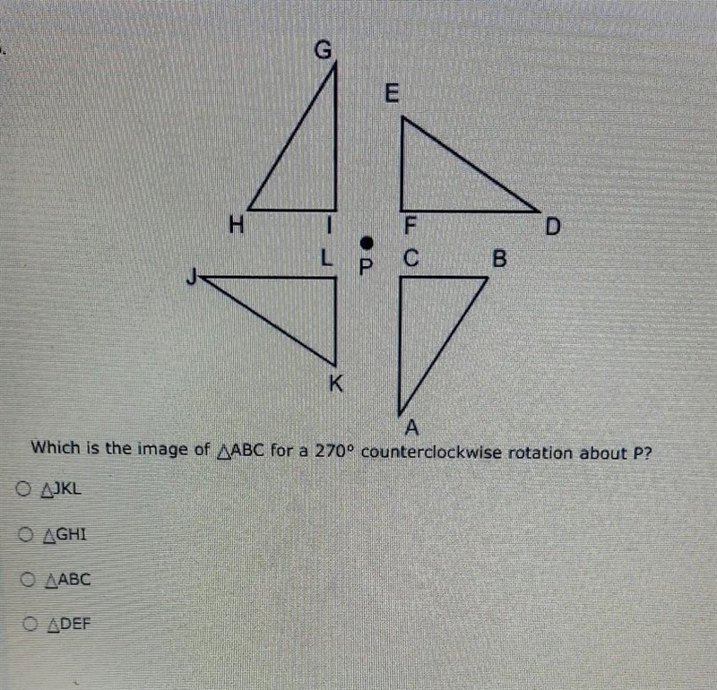 What is the image of ABC for a 270° counterclockwise rotation about P?​-example-1