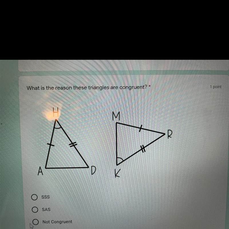 What is the reason these triangles are congruent a. SSS B. SAS C. not congruent-example-1