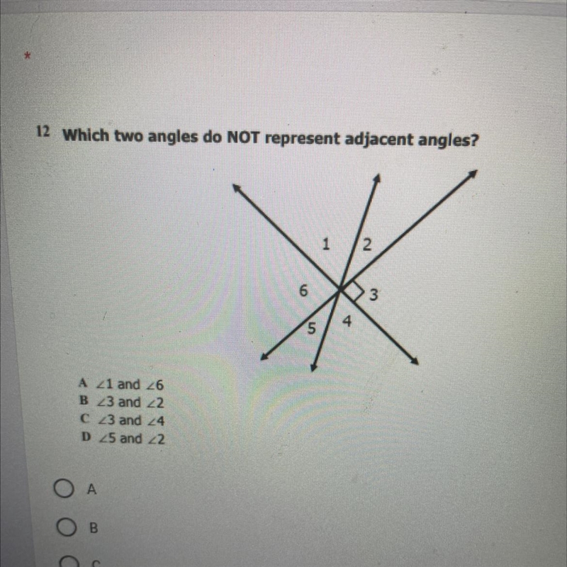 Which two angles do NOT represent adjacent angles? A 21 and 26 B 23 and 22 C23 and-example-1