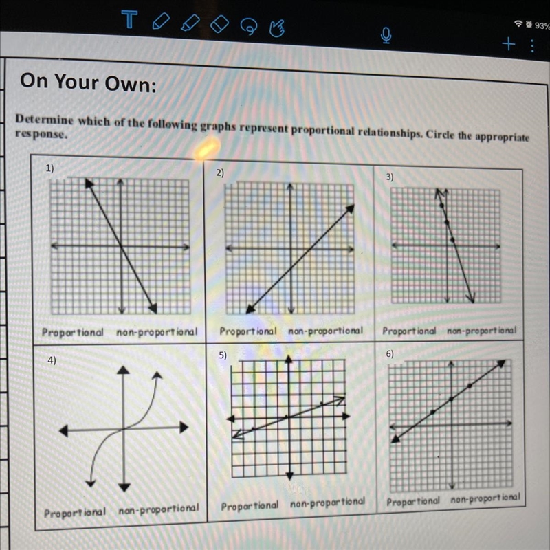 Determine which of the graphs represent the proportional relationships. Circle the-example-1