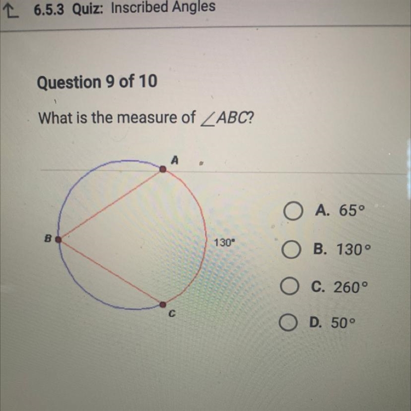 What is the measure of angle ABC of a circle-example-1