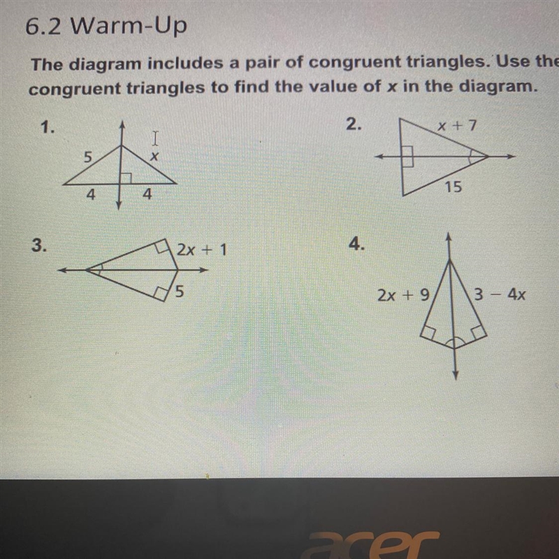 6.2 Warm Up The diagram includes a pair of congruent triangles. Use the congruent-example-1