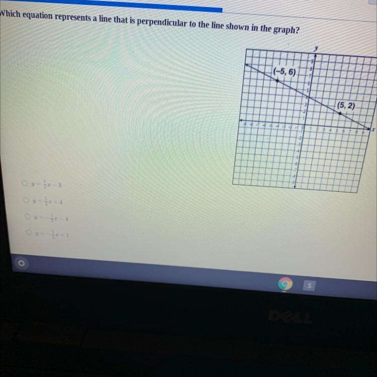 Which equation represents a line that is perpendicular to the line shown in the graph-example-1