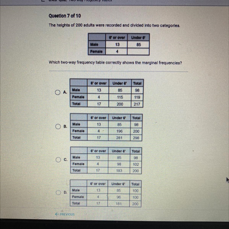 The heights of 200 adults were recorded and divided into two categories Which two-example-1